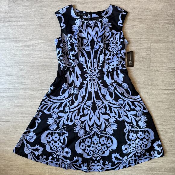 INC International Concepts Fit & Flare Dress NWT 12 French Floral Black Blue - Picture 1 of 5